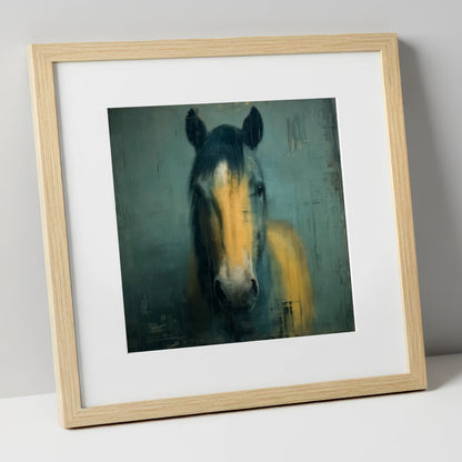 Ochre and Slate horse portrait art print in natural frame