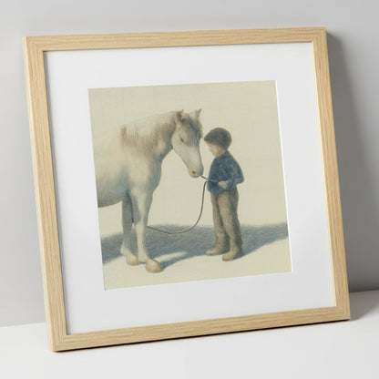 A Quiet Understanding horse & rider art print in natural frame