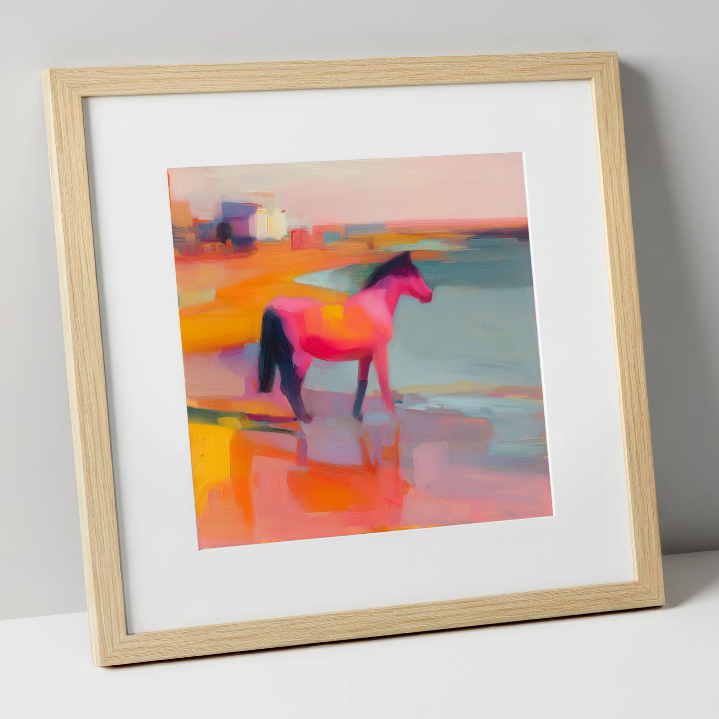 Vibrant Coastal Mirage horse landscape art print in natural frame