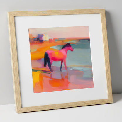 Vibrant Coastal Mirage horse landscape art print in natural frame