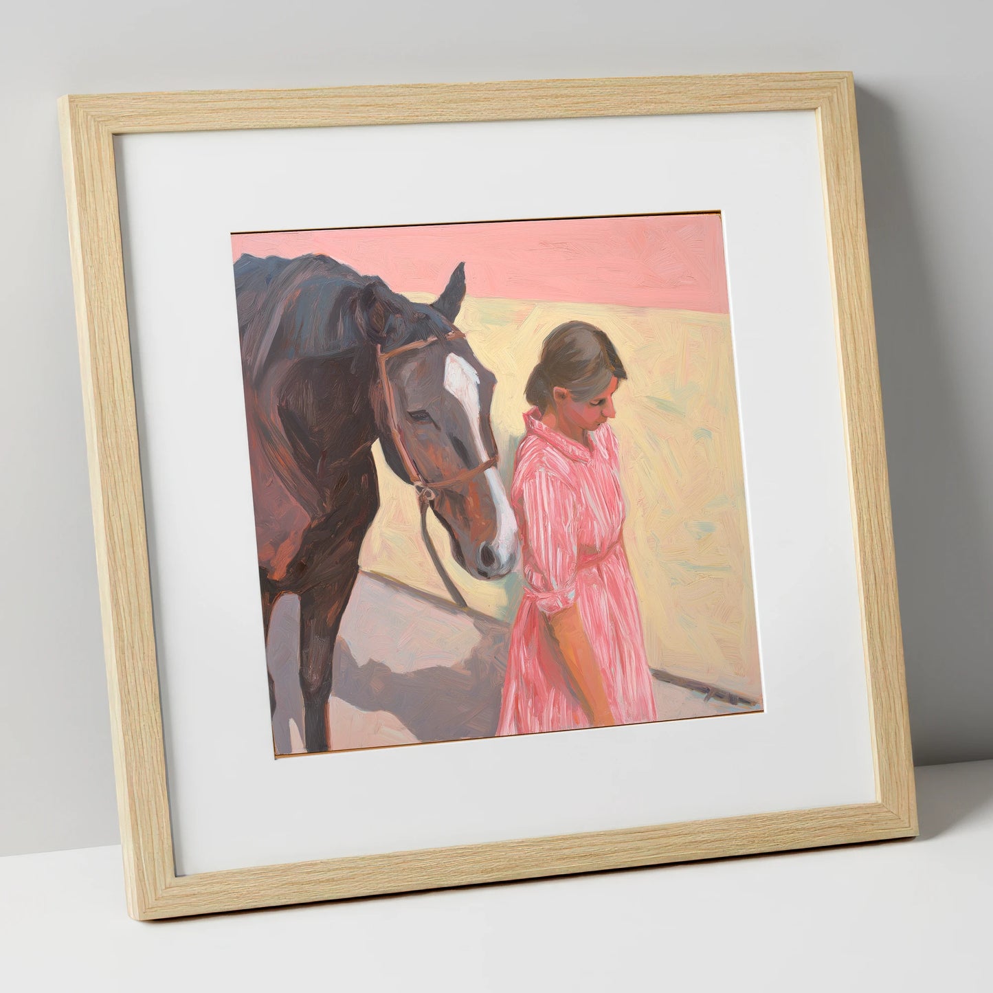 Walking in Step horse & rider art print in natural frame