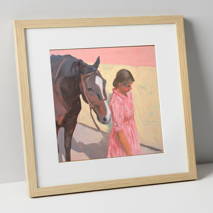 Walking in Step horse & rider art print in natural frame