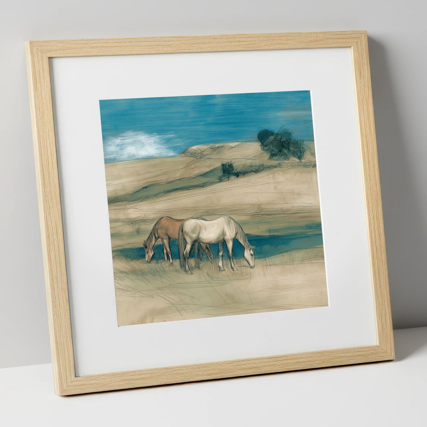 Grazing Beneath Teal Skies horse landscape art print in natural frame