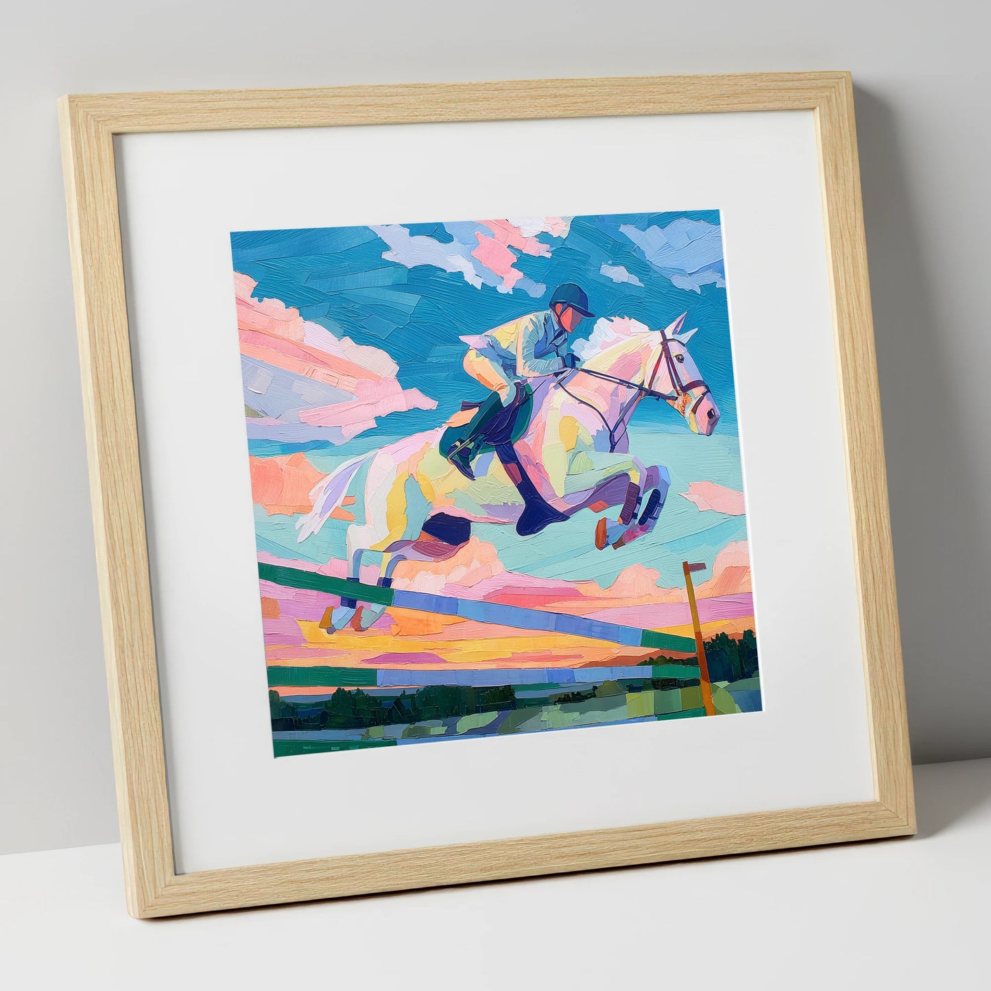 Technicolour Flight show jumping horse art print in natural frame