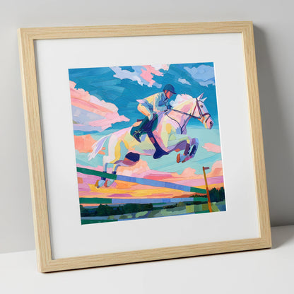 Technicolour Flight show jumping horse art print in natural frame