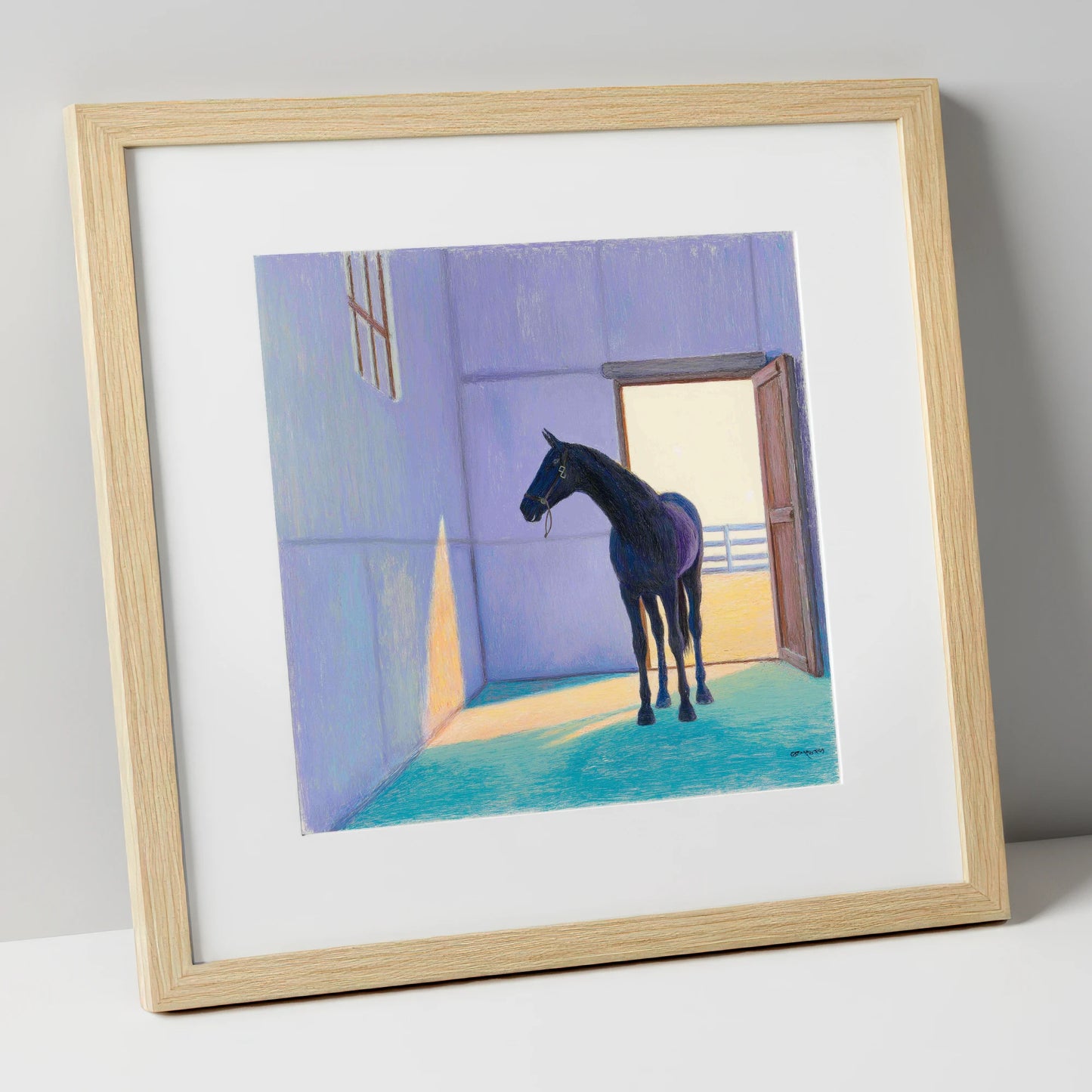 Sunlit Stable Shadows horse stable art print in natural frame