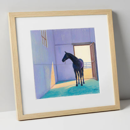 Sunlit Stable Shadows horse stable art print in natural frame
