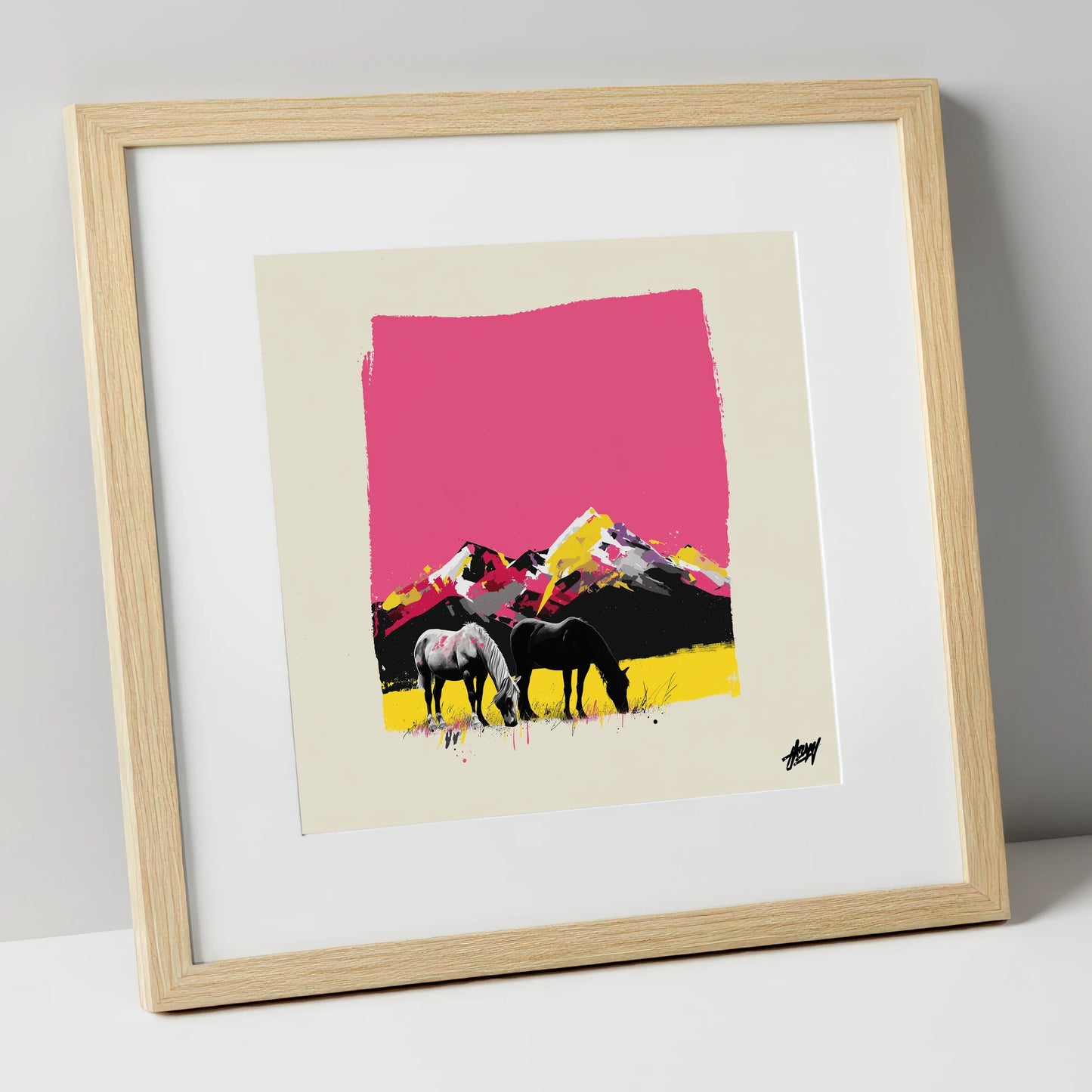 Vibrant Mountain Pastures horse landscape art print in natural frame