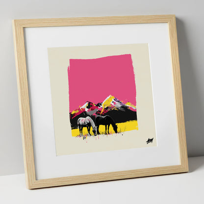 Vibrant Mountain Pastures horse landscape art print in natural frame