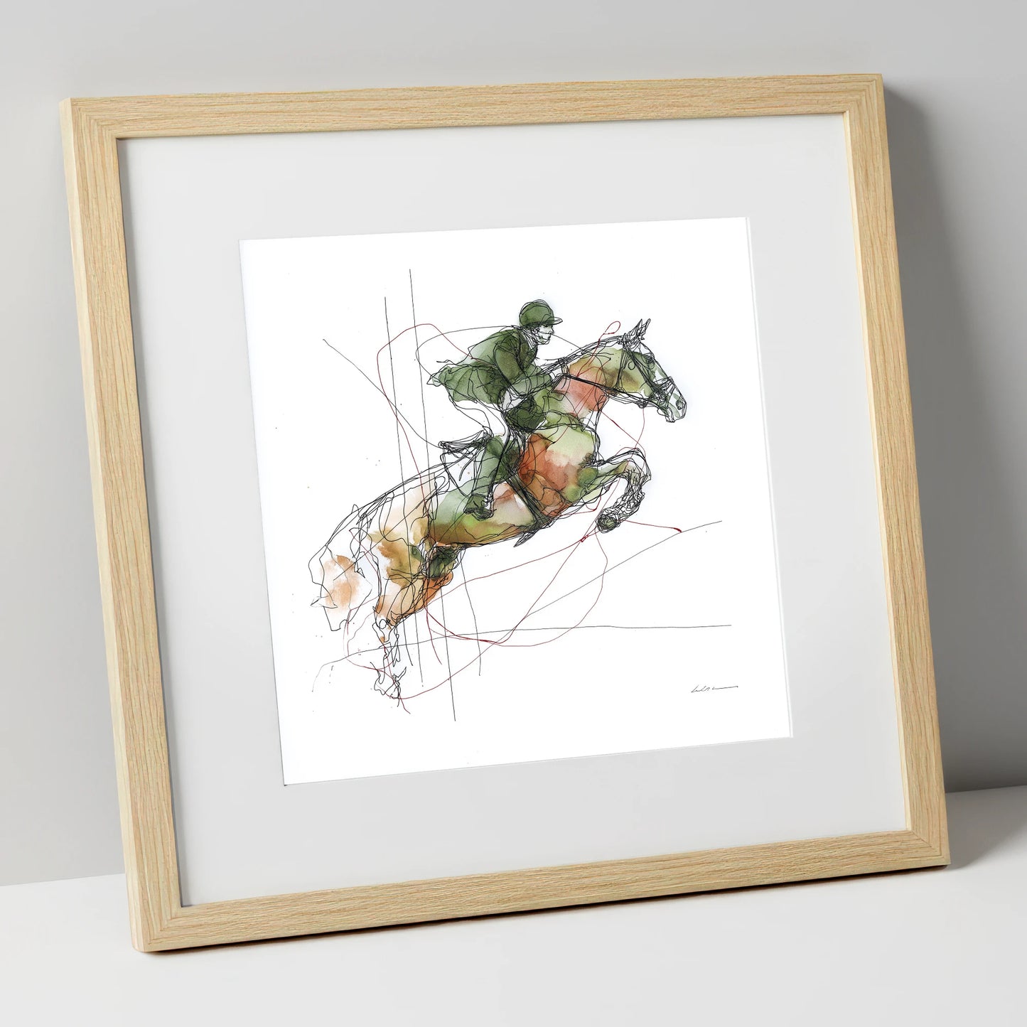Dynamic Bascule show jumping horse art print in natural frame