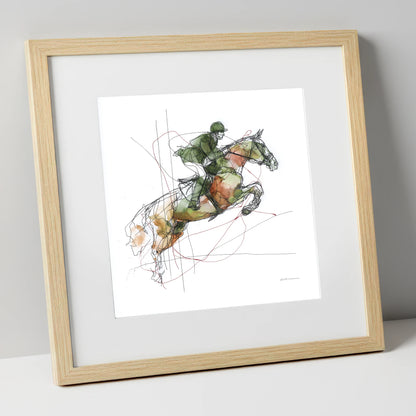 Dynamic Bascule show jumping horse art print in natural frame