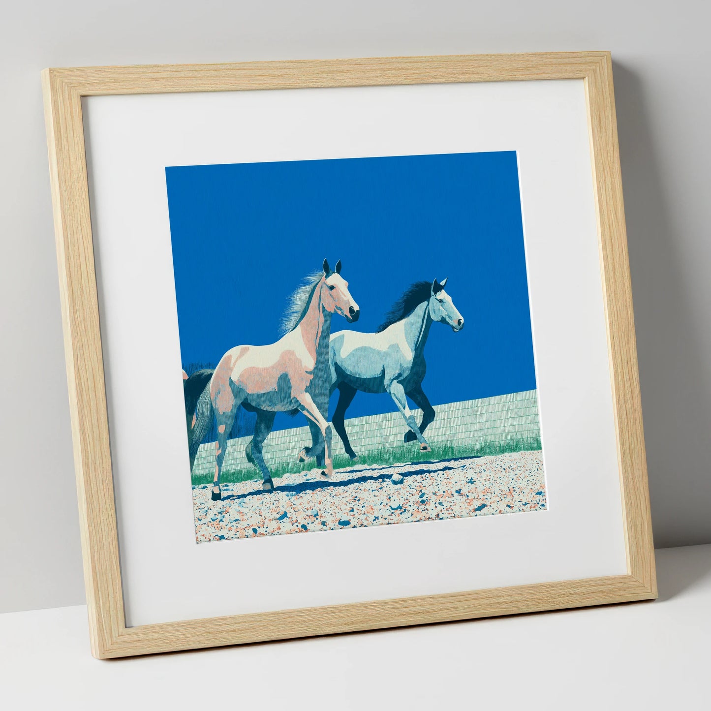 Azure Horizon Strides wild horses art print in natural frame