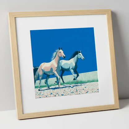 Azure Horizon Strides wild horses art print in natural frame