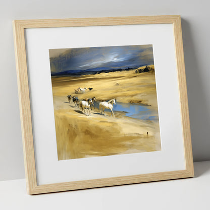 Golden Veldt Crossing horse landscape art print in natural frame