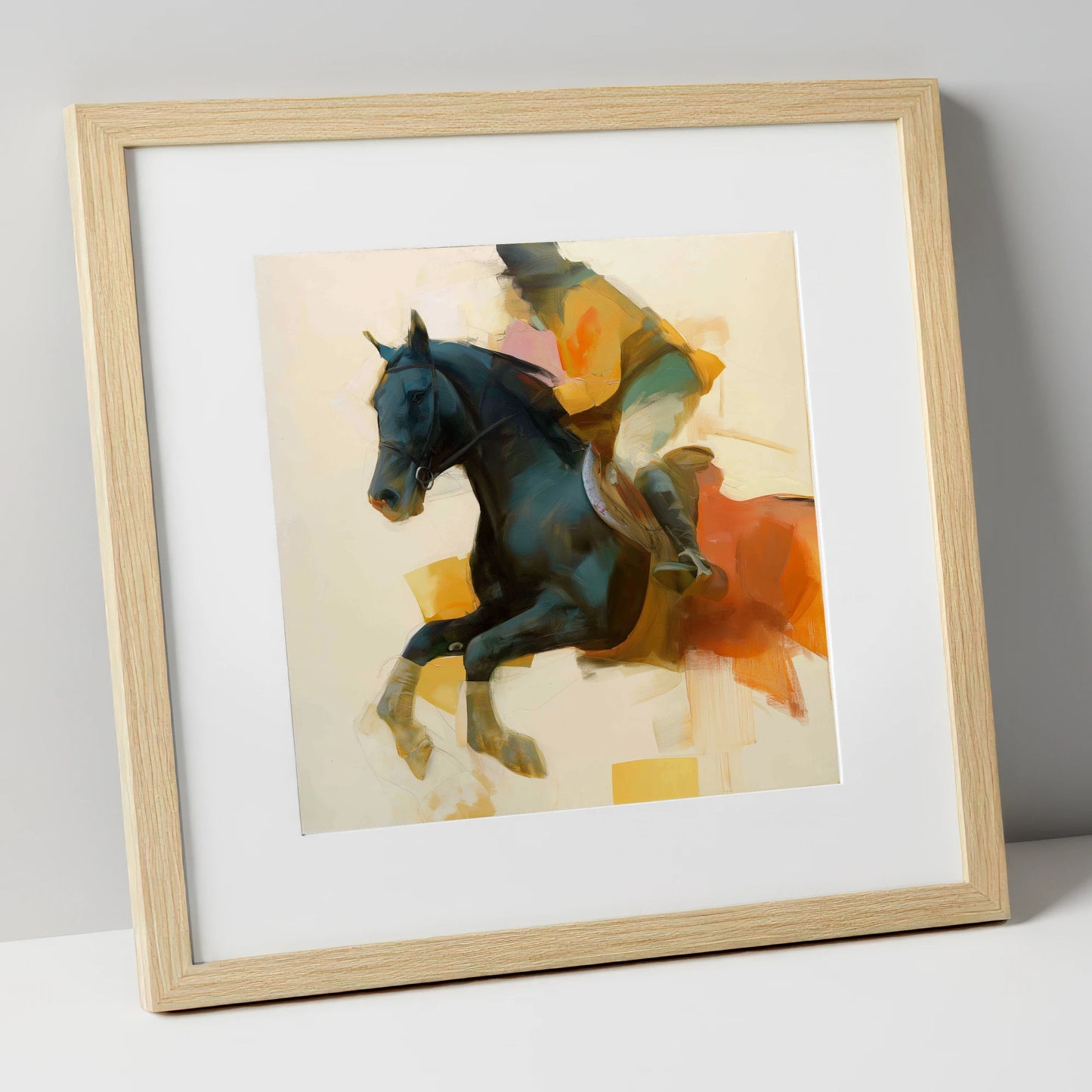 Kinetic Leap show jumping horse art print in natural frame