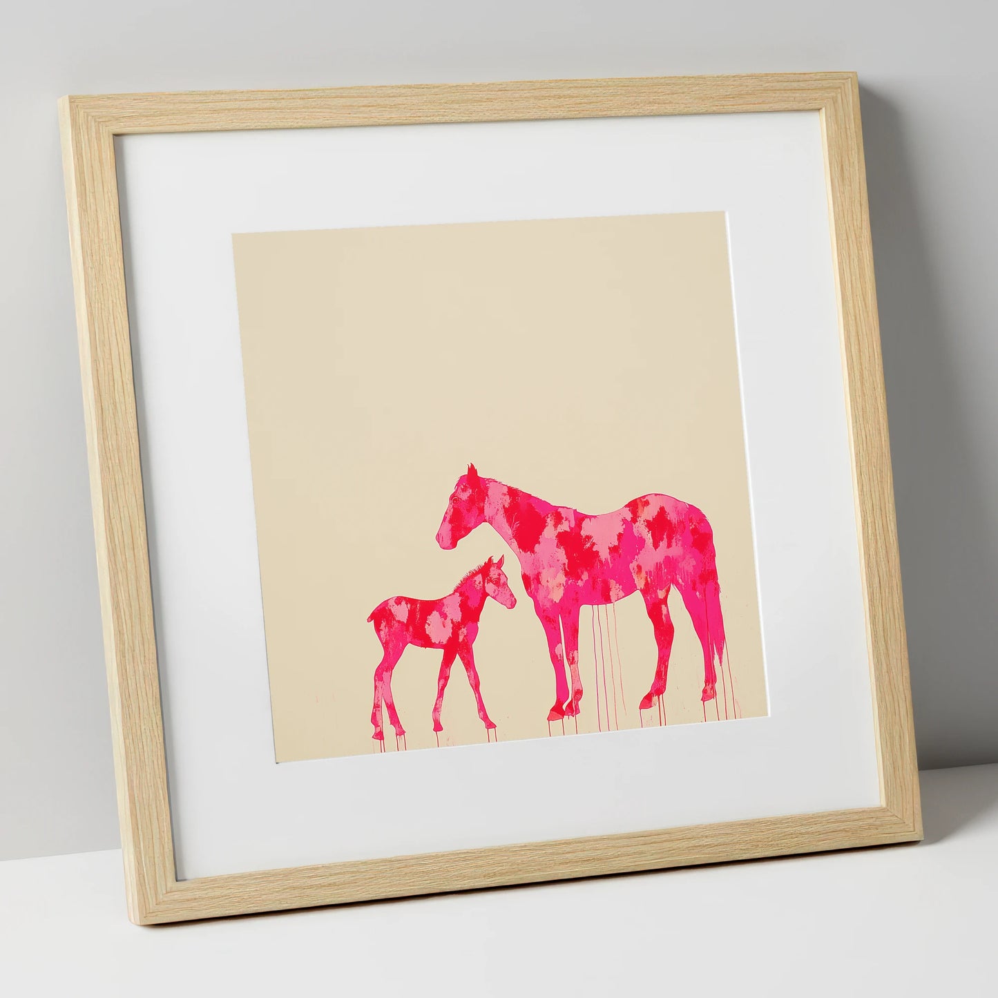 Magenta Mare and Foal mare & foal art print in natural frame