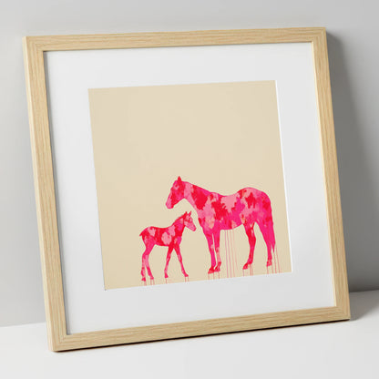 Magenta Mare and Foal mare & foal art print in natural frame