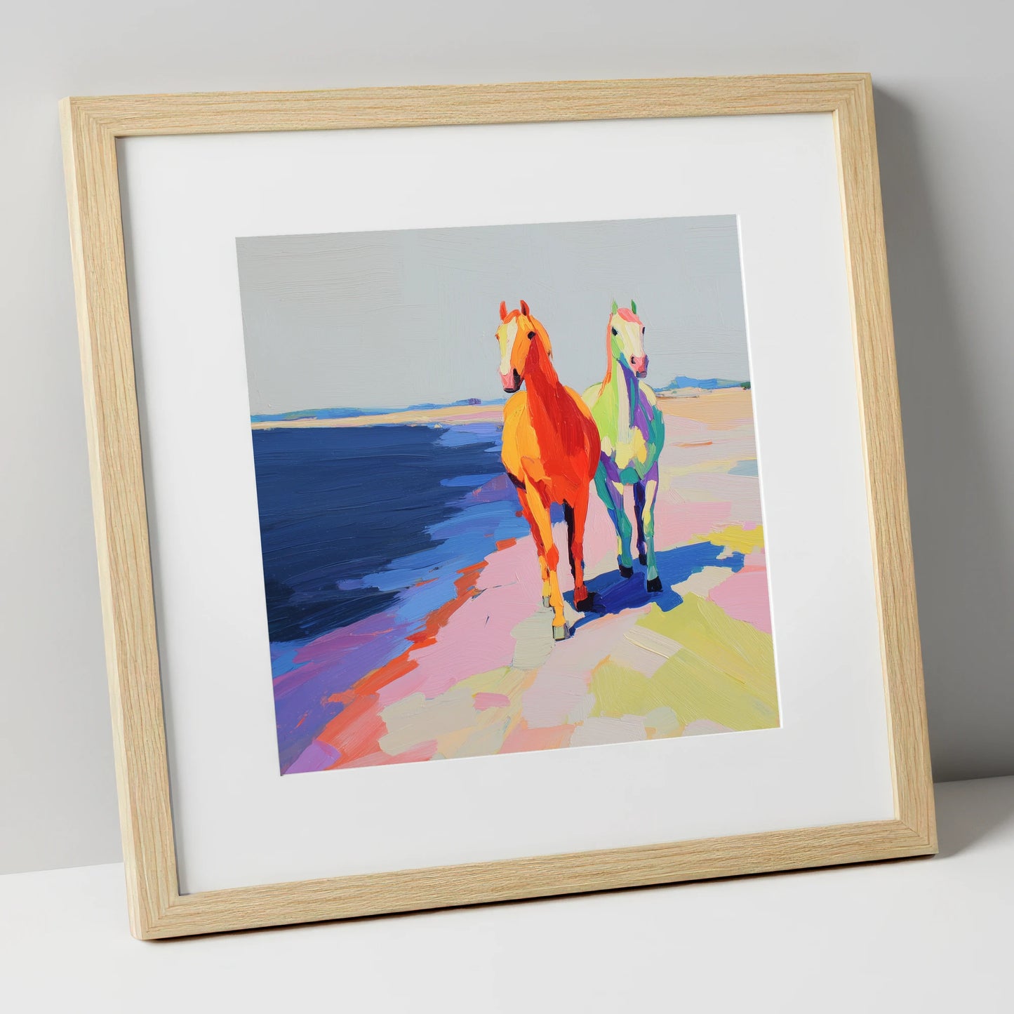Vibrant Coastal Companions horse landscape art print in natural frame