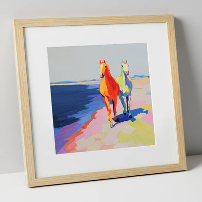 Vibrant Coastal Companions horse landscape art print in natural frame