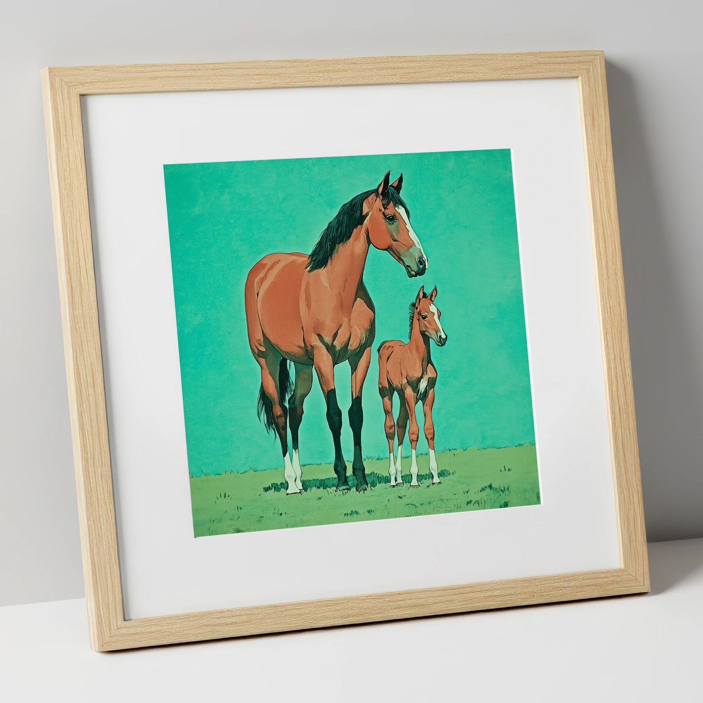 Striking Bay Bloodlines mare & foal art print in natural frame