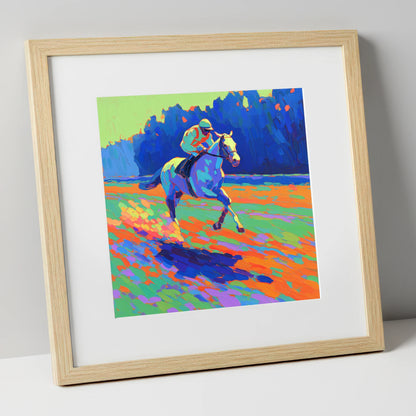 The Vibrant Gallop racing horse art print in natural frame