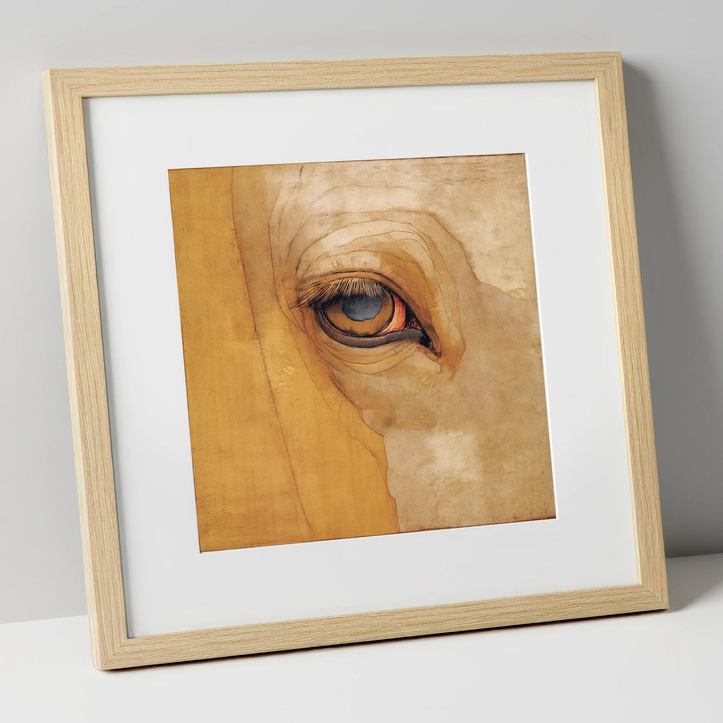 The Golden Gaze horse portrait art print in natural frame
