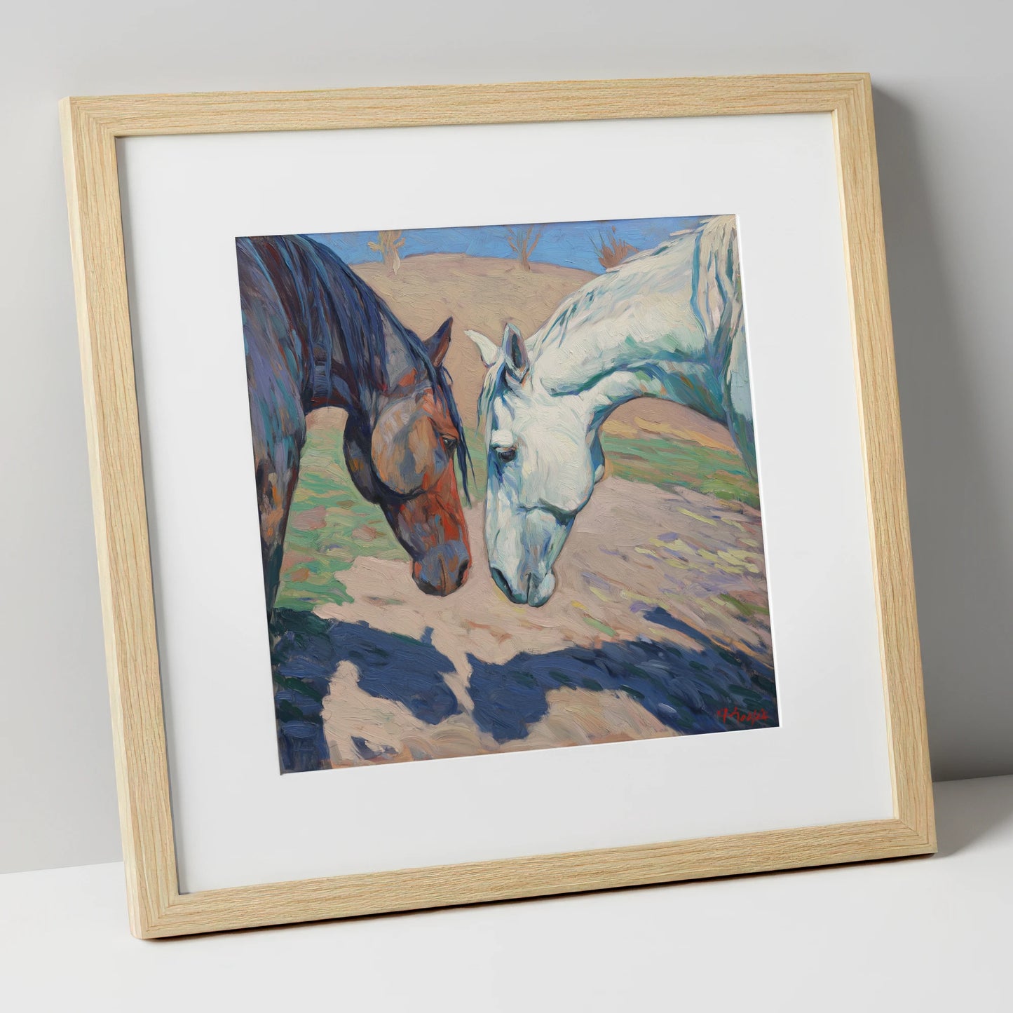 Sunlit Companions horse portrait art print in natural frame