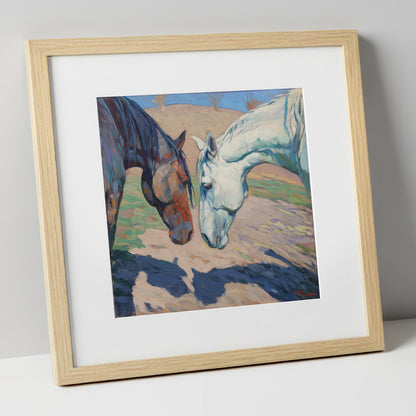 Sunlit Companions horse portrait art print in natural frame