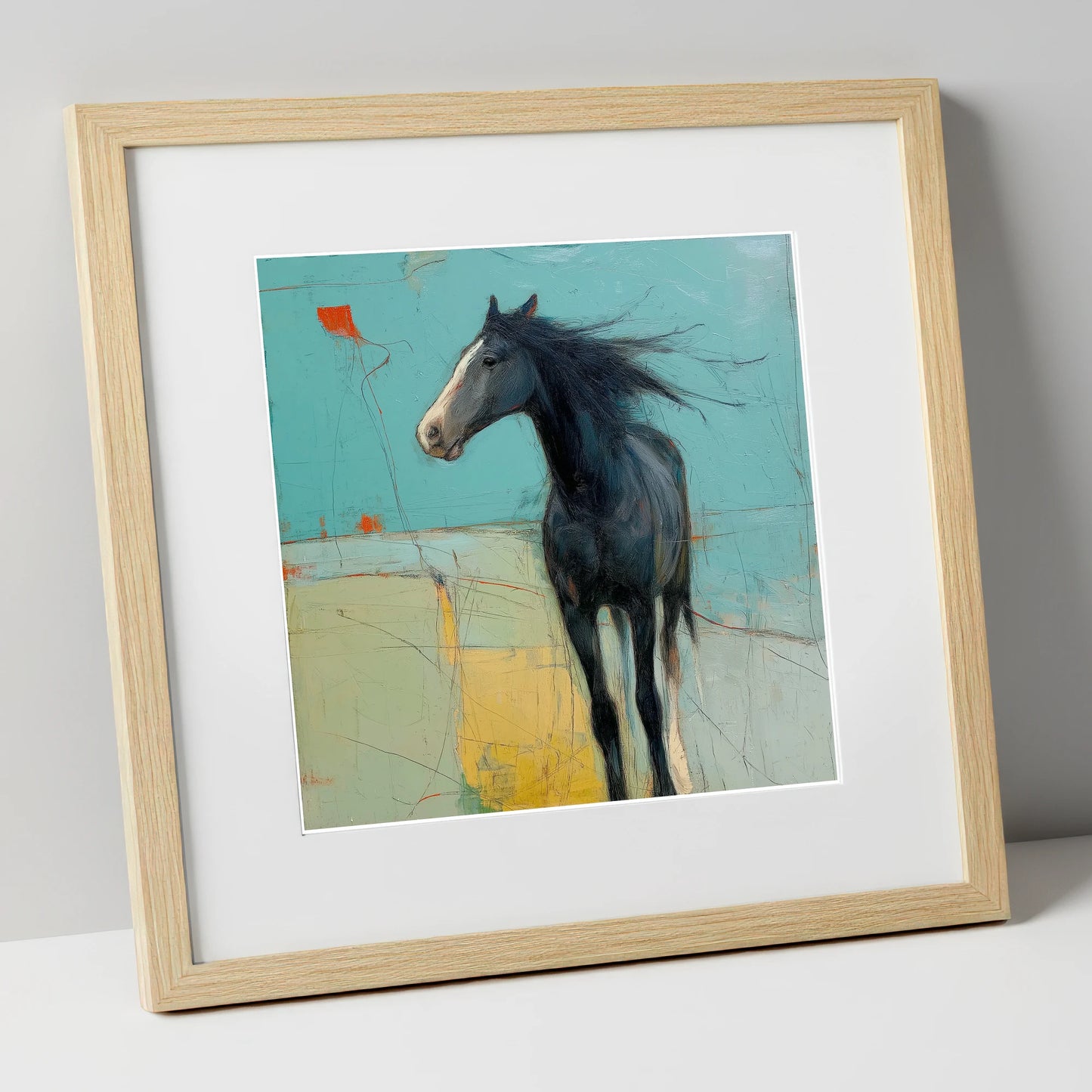 Abstract Windswept Equine horse portrait art print in natural frame