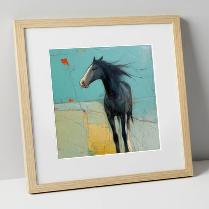 Abstract Windswept Equine horse portrait art print in natural frame