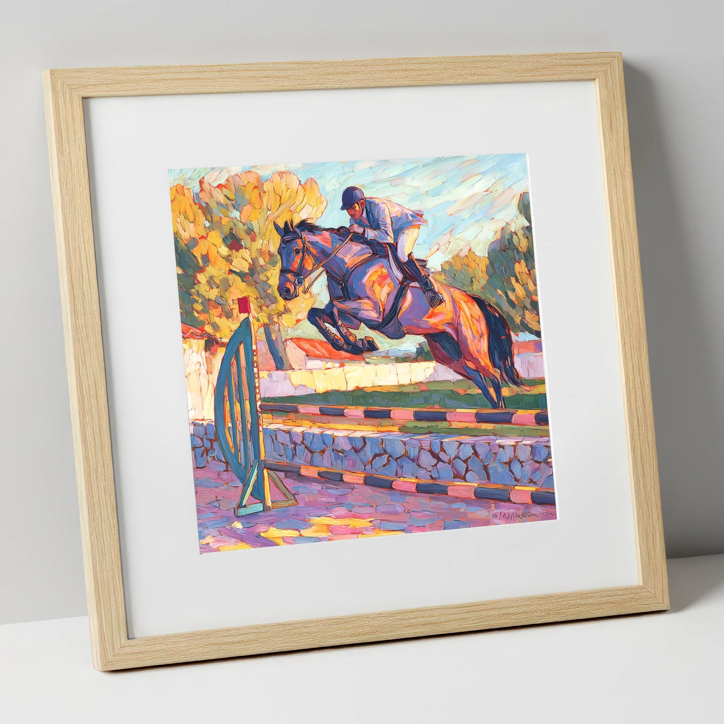 Sunset Flight show jumping horse art print in natural frame