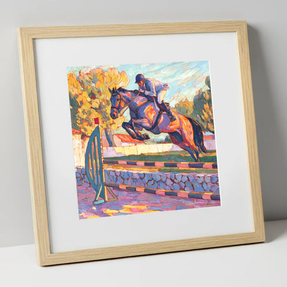Sunset Flight show jumping horse art print in natural frame