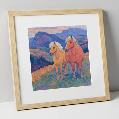 Highland Fjord Companions horse landscape art print in natural frame