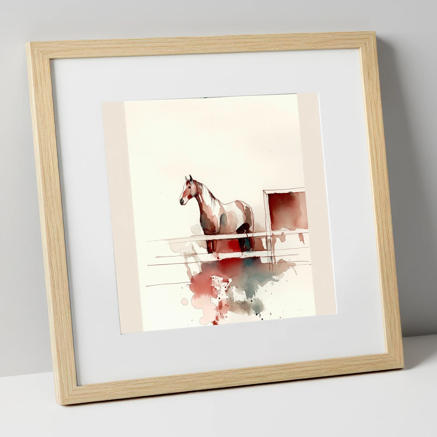 Watching from the Rails horse stable art print in natural frame