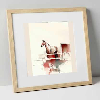 Watching from the Rails horse stable art print in natural frame