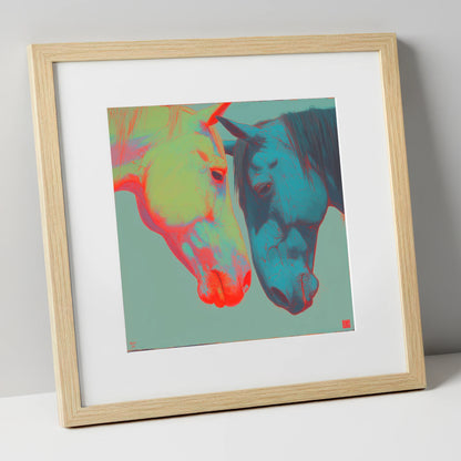Vivid Connection horse portrait art print in natural frame