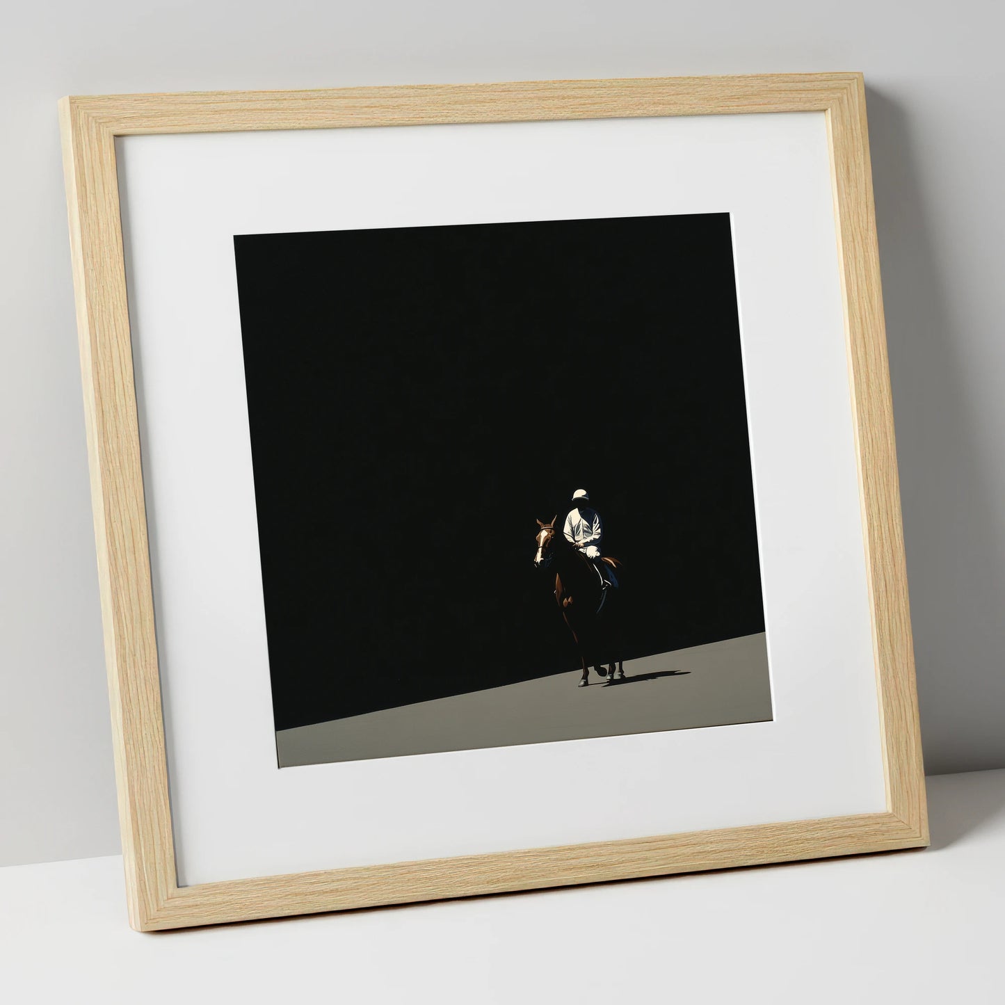 Into the Light racing horse art print in natural frame