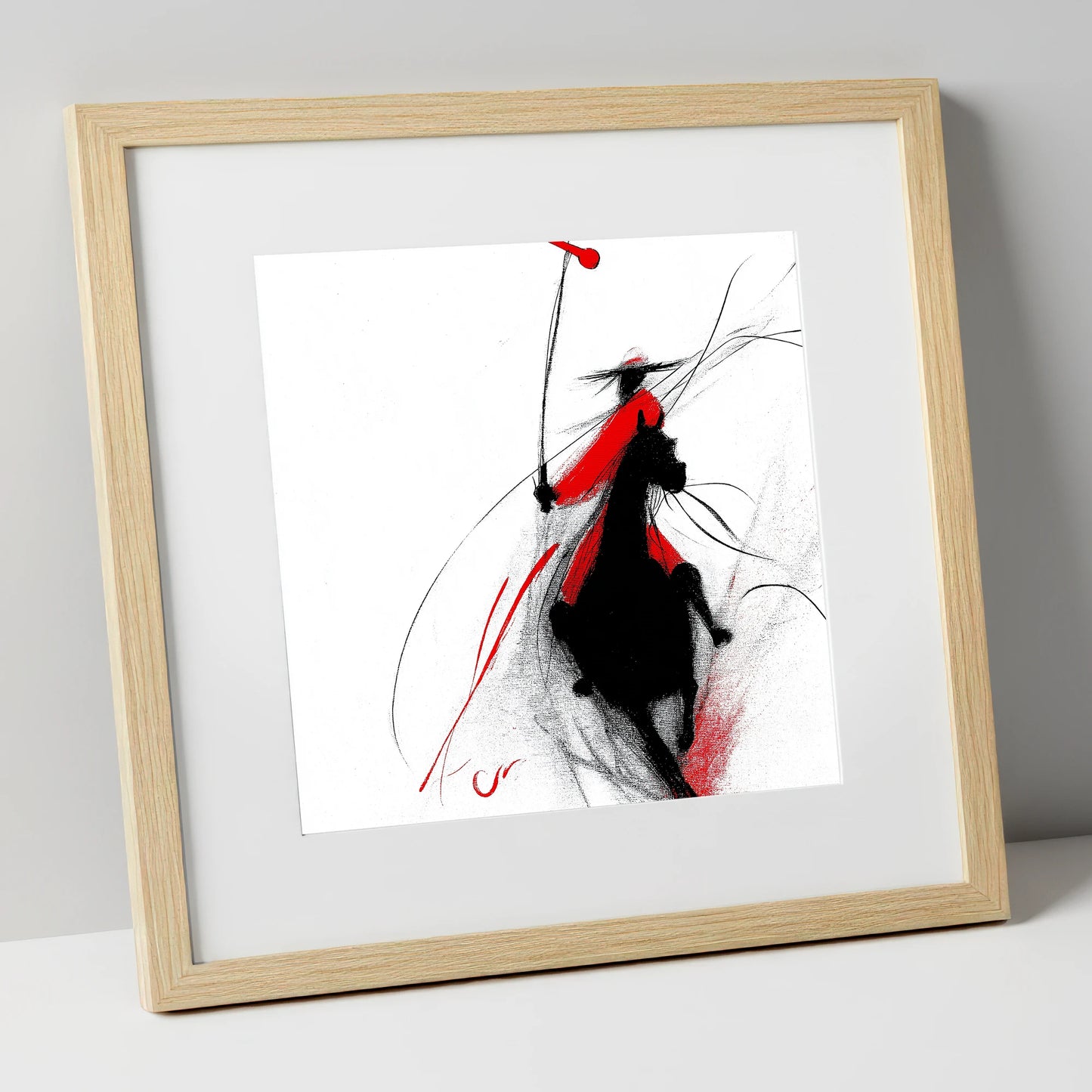 Crimson Polo Strike polo horse art print in natural frame