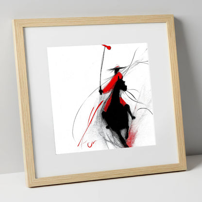 Crimson Polo Strike polo horse art print in natural frame