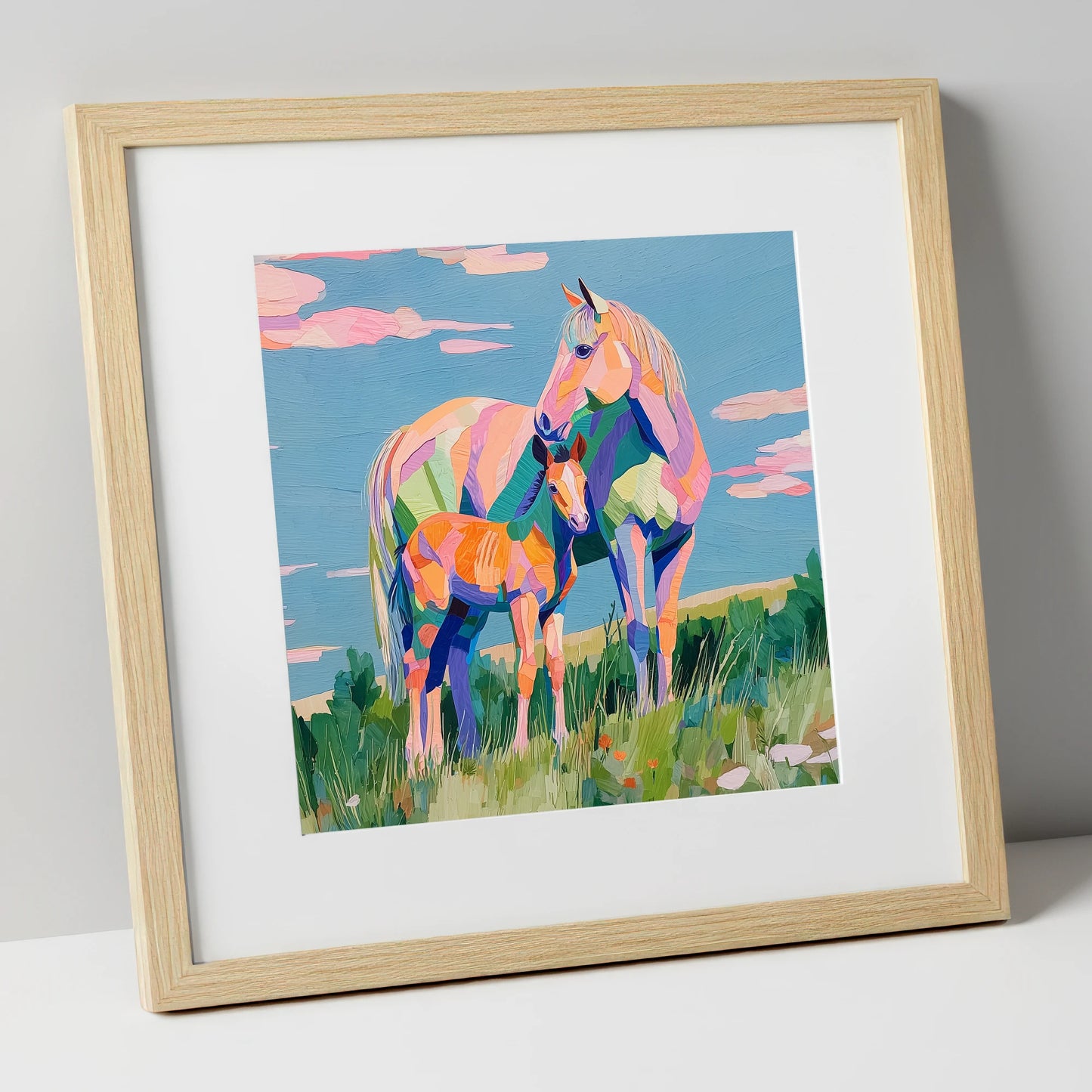 Vibrant Maternal Bond mare & foal art print in natural frame