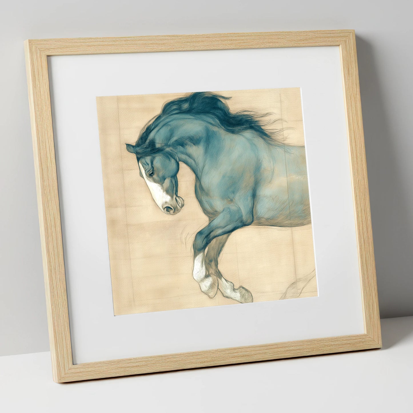 Study in Teal horse portrait art print in natural frame
