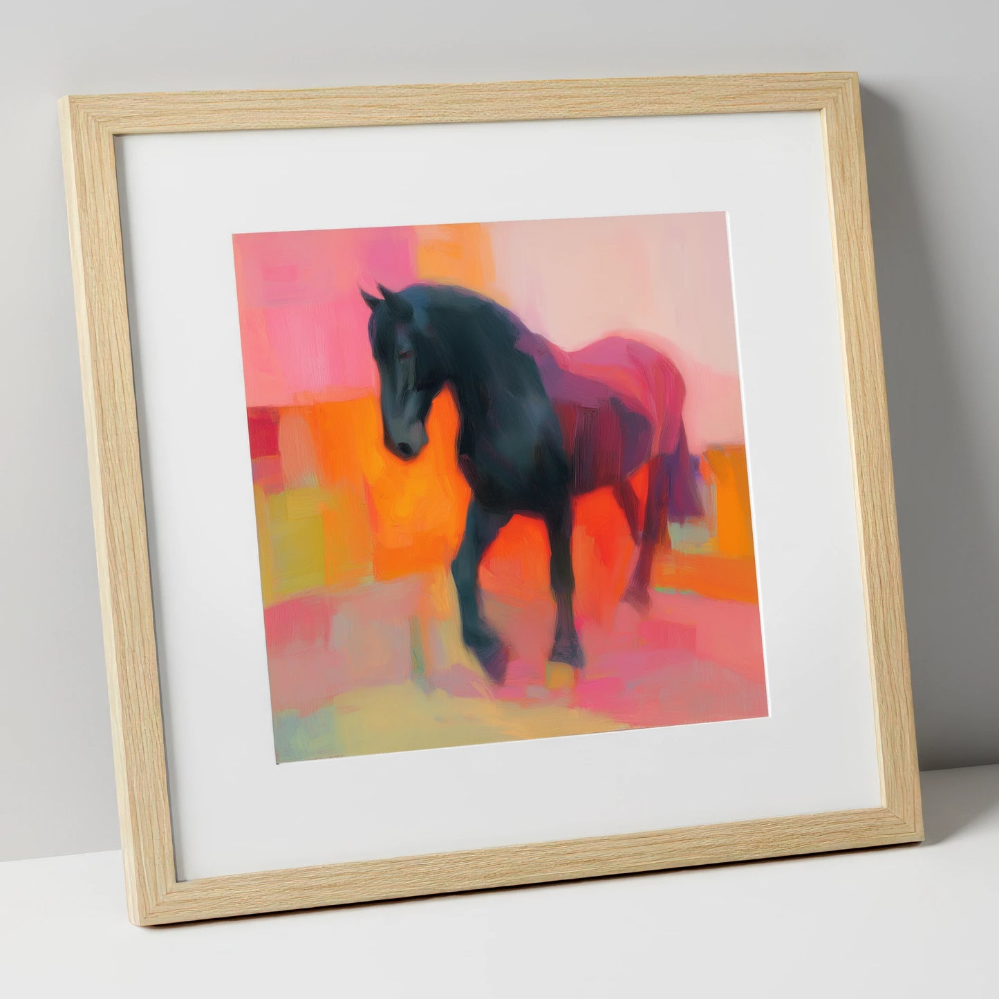 Charcoal and Coral Stride horse breed art print in natural frame