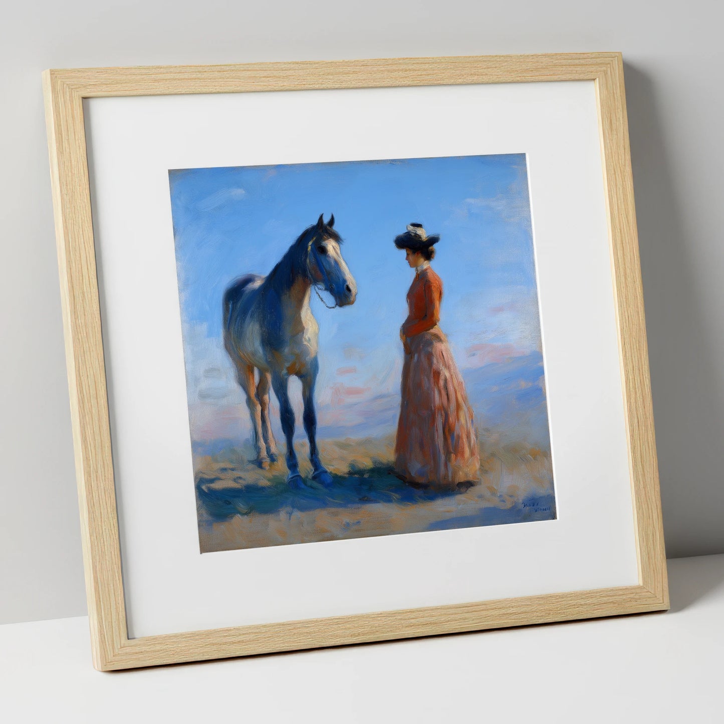A Timeless Bond horse & rider art print in natural frame