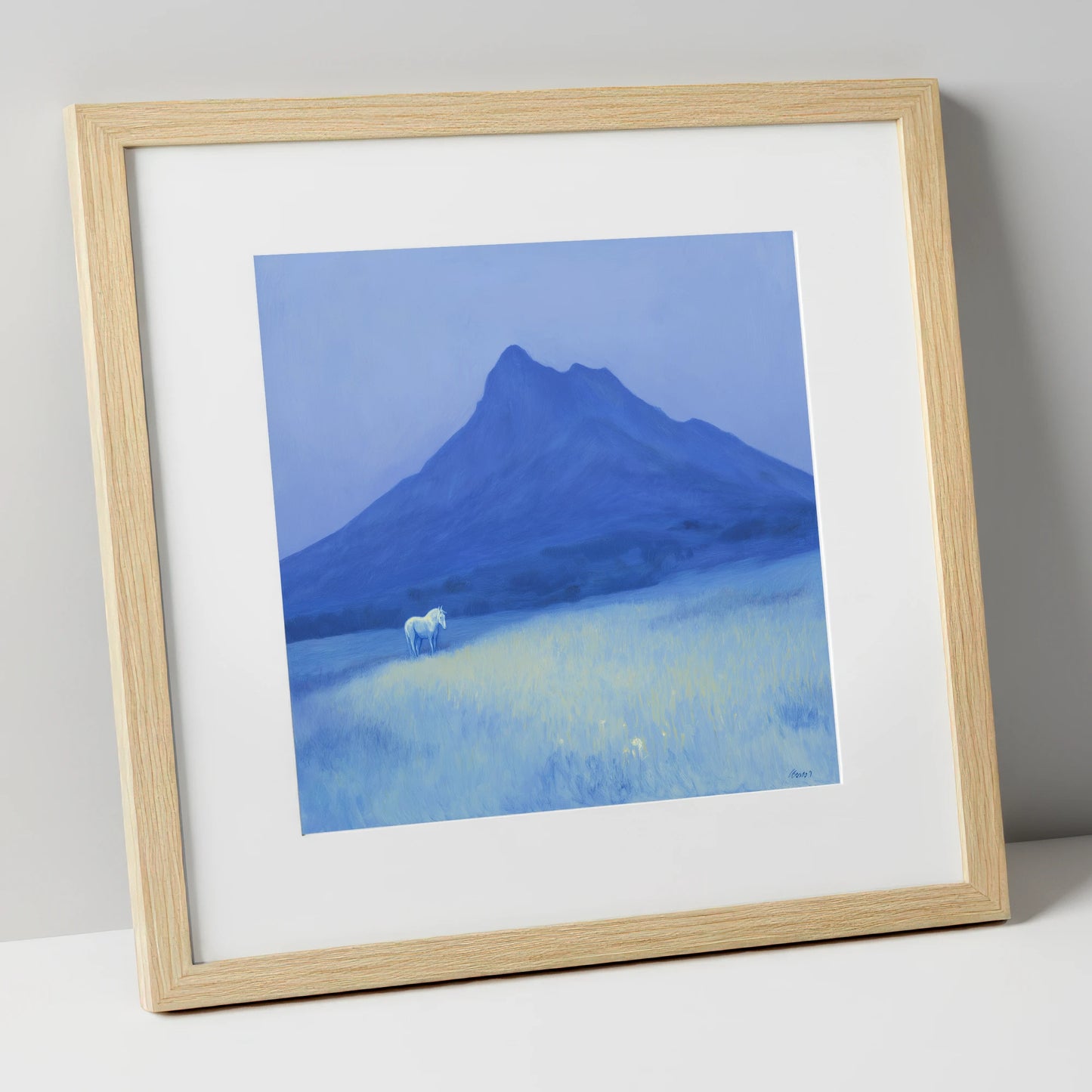Azure Mountain Solitude horse landscape art print in natural frame