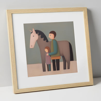 Standing Together horse & rider art print in natural frame