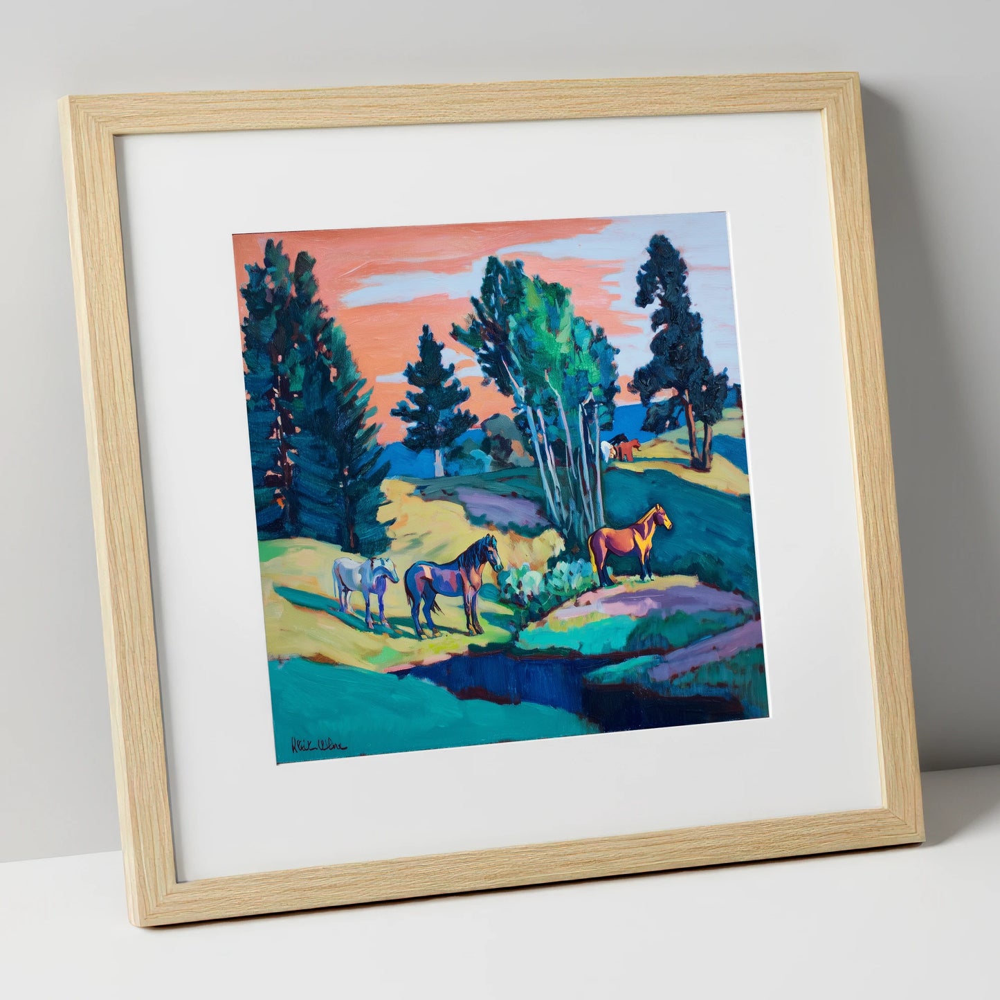 Vibrant Summer Pastures horse landscape art print in natural frame