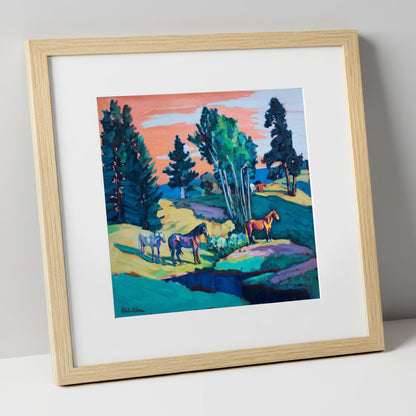 Vibrant Summer Pastures horse landscape art print in natural frame