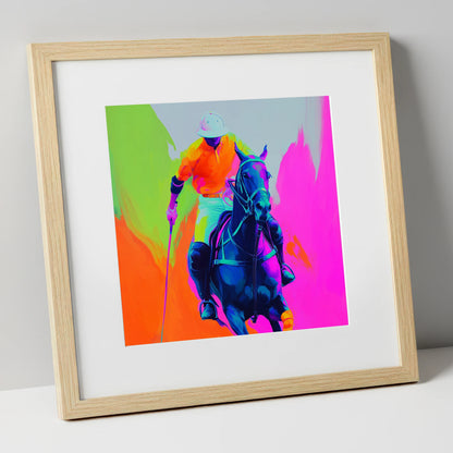 Neon Chukka polo horse art print in natural frame