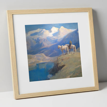 Alpine Vantage Point horse landscape art print in natural frame