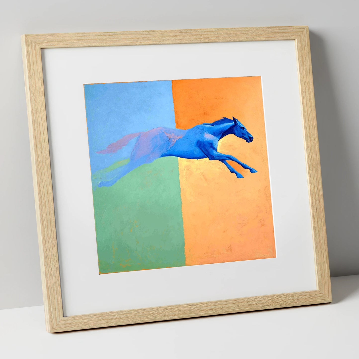 Cobalt Stretch racing horse art print in natural frame